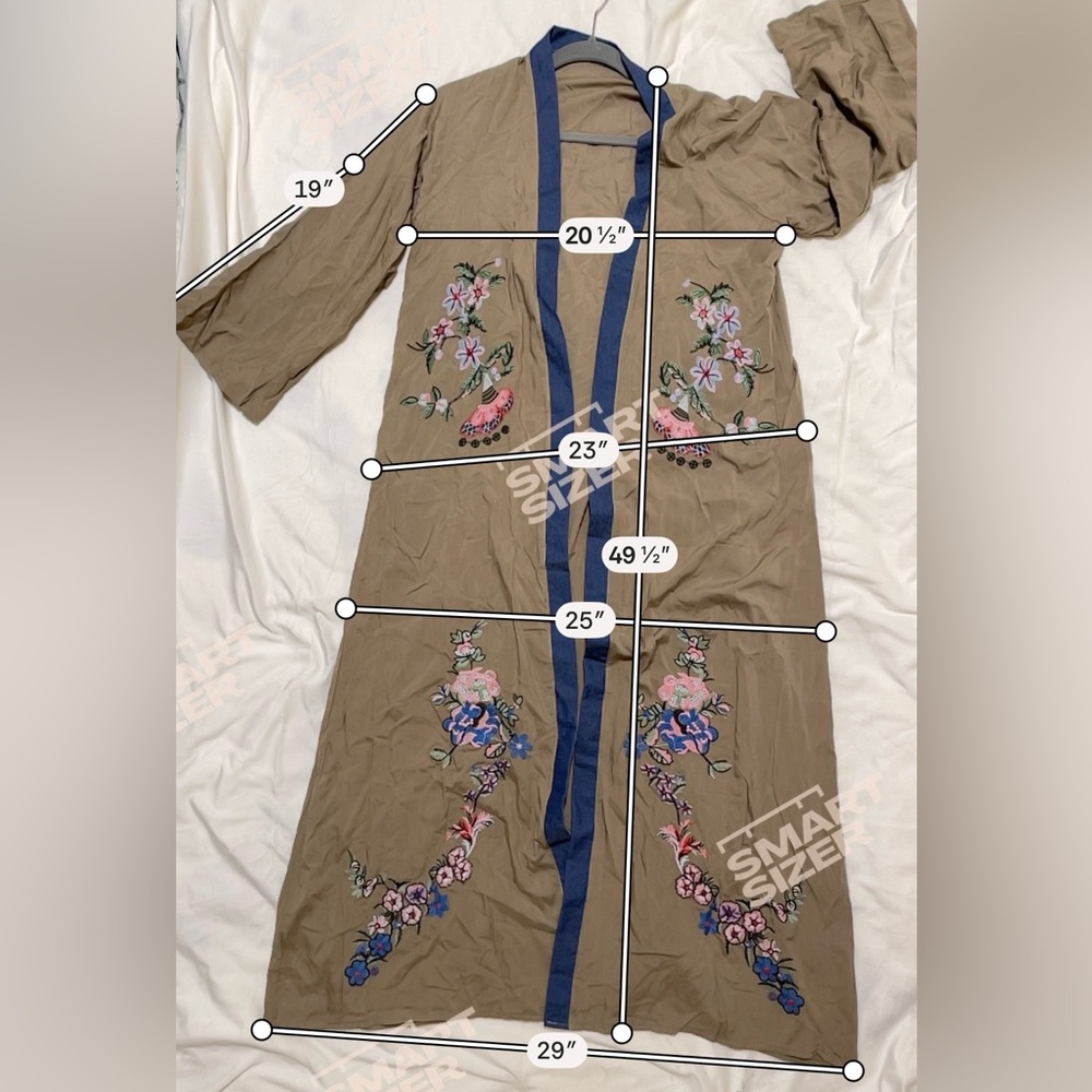 Khaki Floral Embroidered Long Kimono Duster Robe Festival Boho Lagenlook OS - Picture 8 of 9